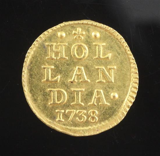 A Dutch One Stuiver gold coin, 1738, 1.75g, uneven edge otherwise EF